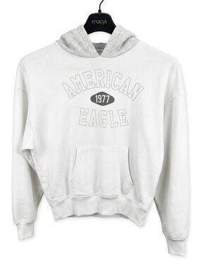 American Eagle White Hooded Sweatshirt with Outline Graphic xxs